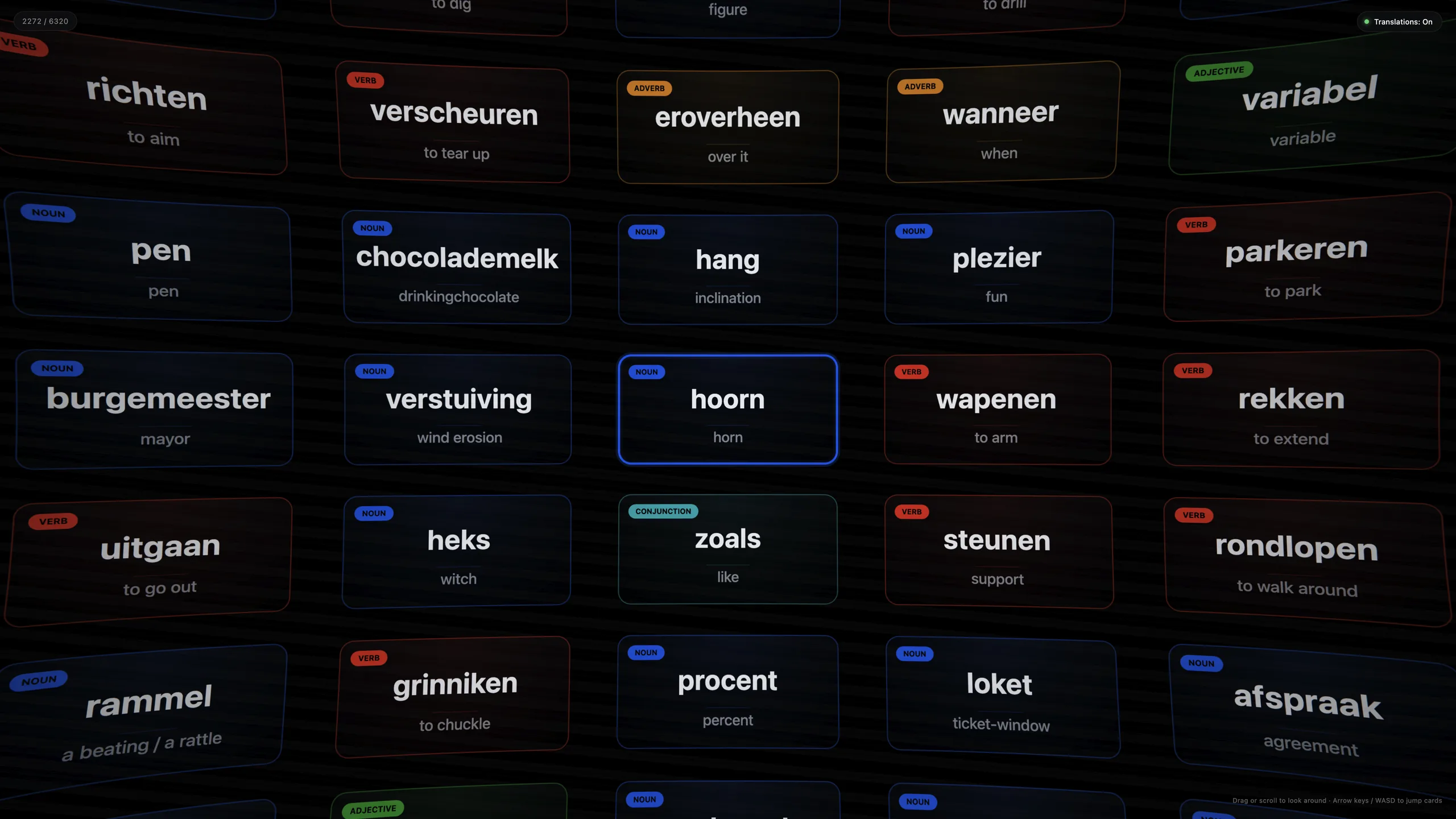 Becoming Dutch III: a wall of colour-coded Dutch flashcards seen through the fisheye lens