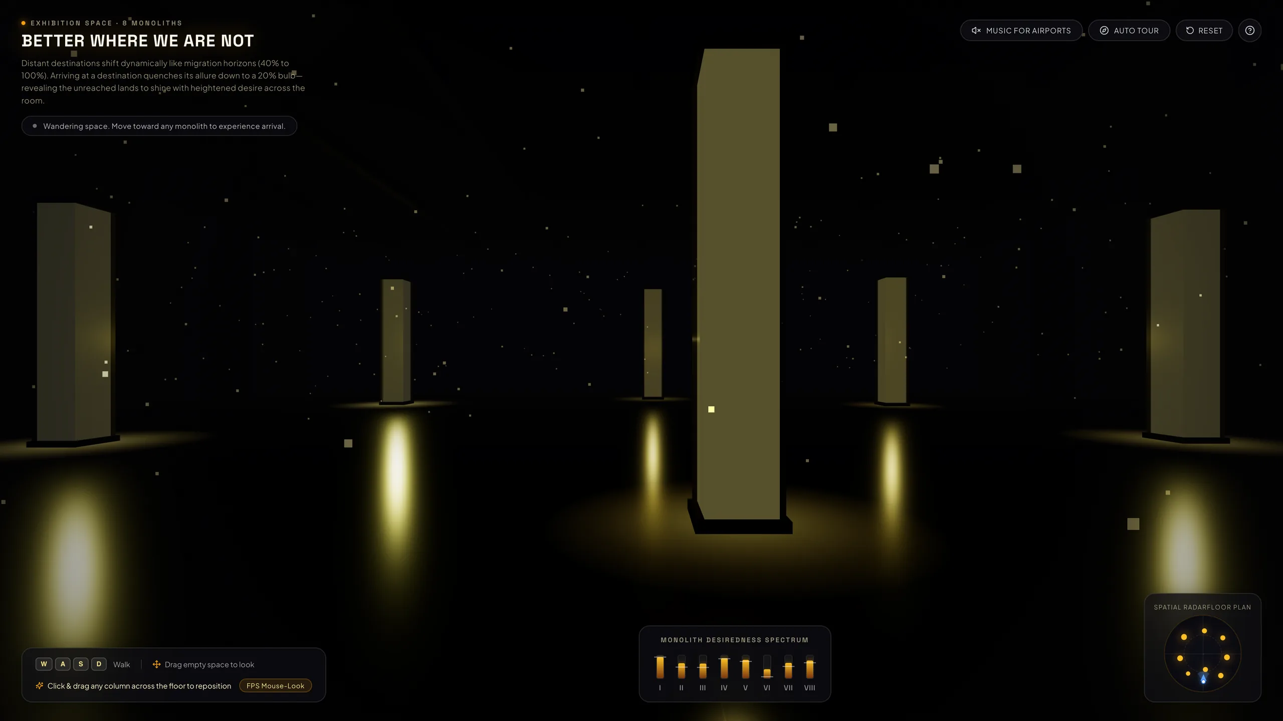 The installation hall: tall glowing monoliths stand on a dark glossy floor, with the title, walking controls, a desiredness spectrum and a radar around the edges.
