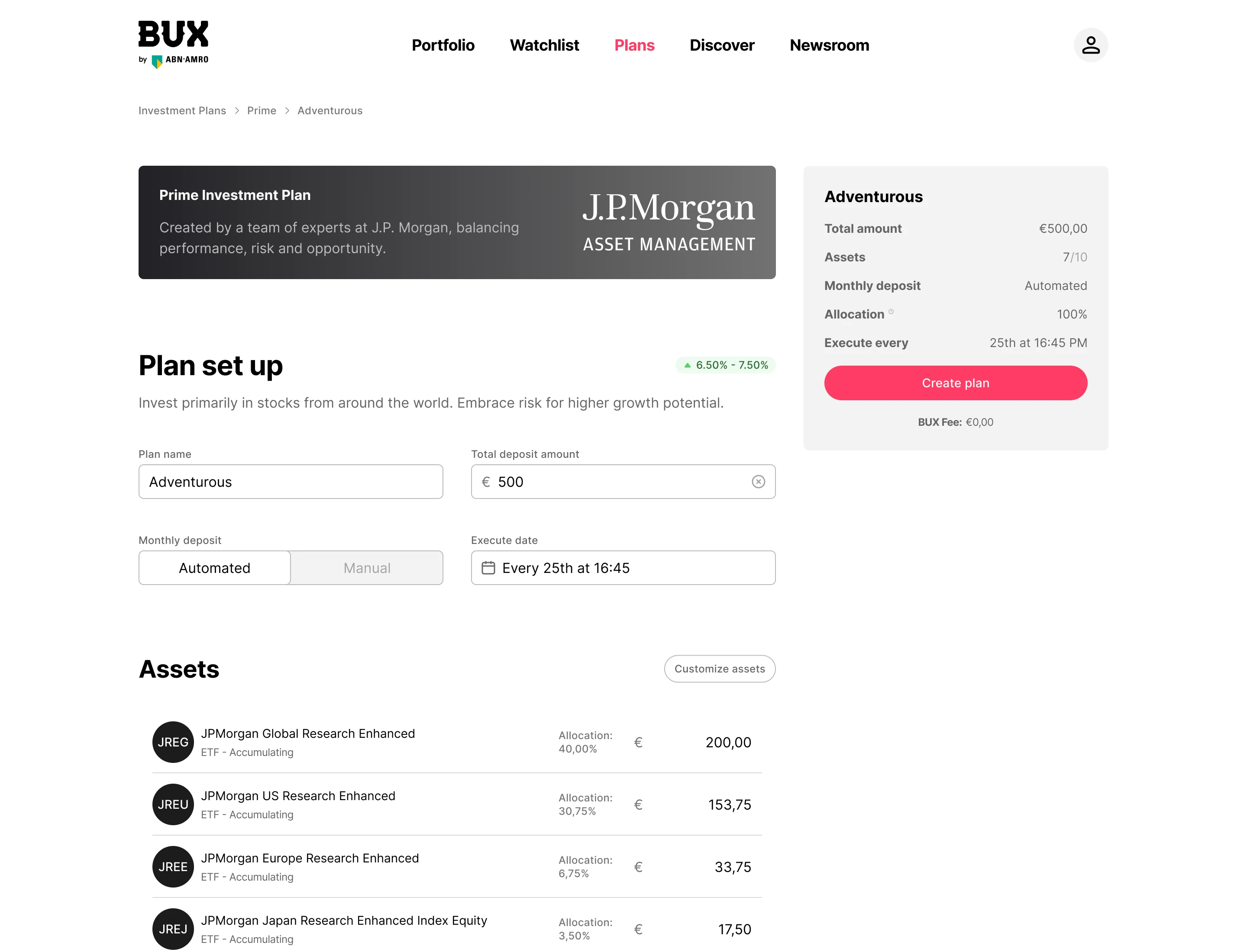 The BUX plan set-up page on desktop: a J.P. Morgan Prime plan banner, deposit fields, a summary sidebar with a Create plan button and the start of the asset list.