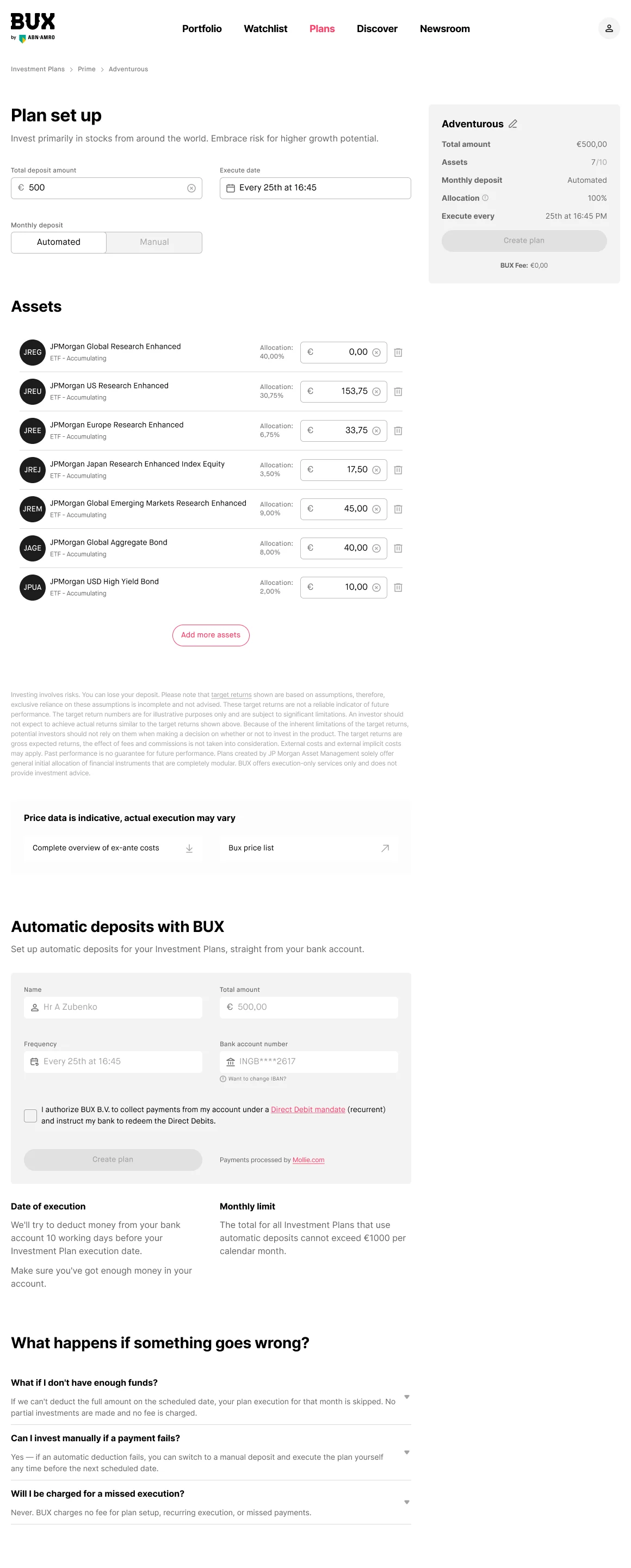 Iteration 1 of the BUX plan set-up page: deposit fields, an editable asset list and the direct debit mandate.