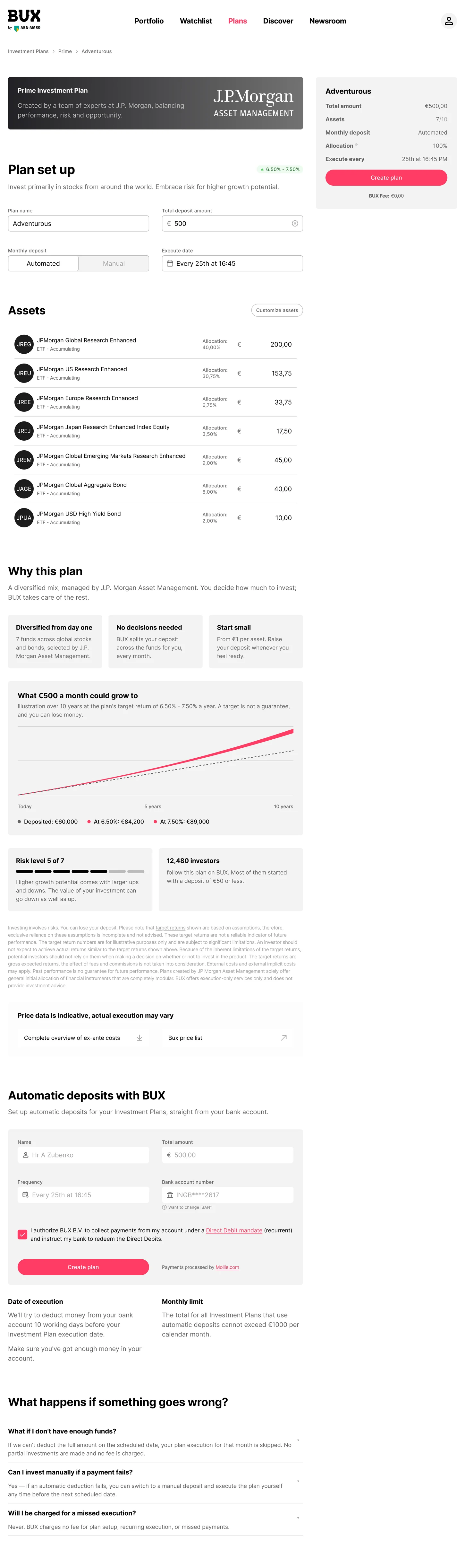 Iteration 3 of the BUX plan set-up page: a trust banner, a read-only asset list, the new Why this plan section and the direct debit mandate.