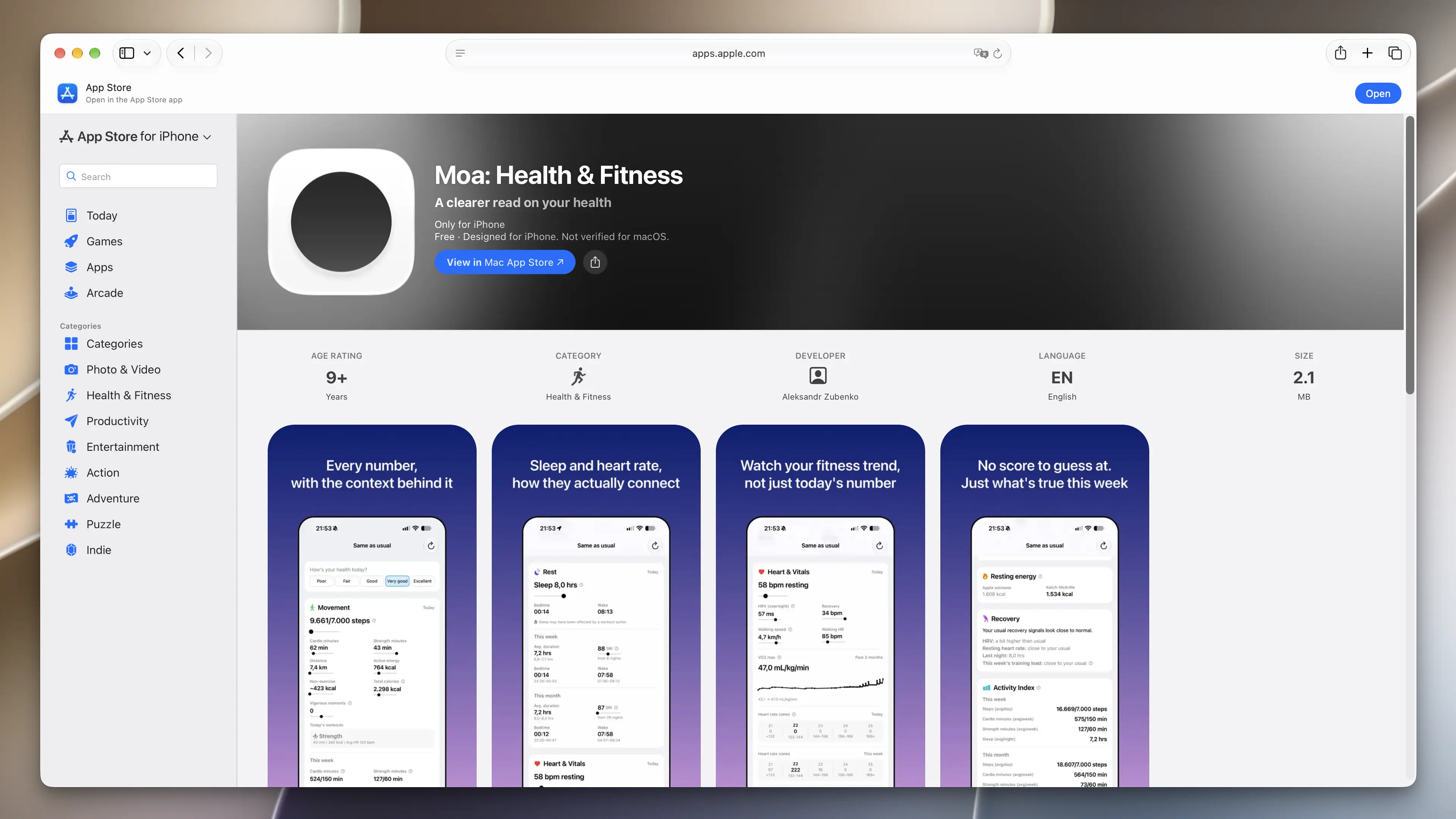 The Moa: Health & Fitness page on the Mac App Store, with the app icon, the tagline “A clearer read on your health” and four app screenshots.