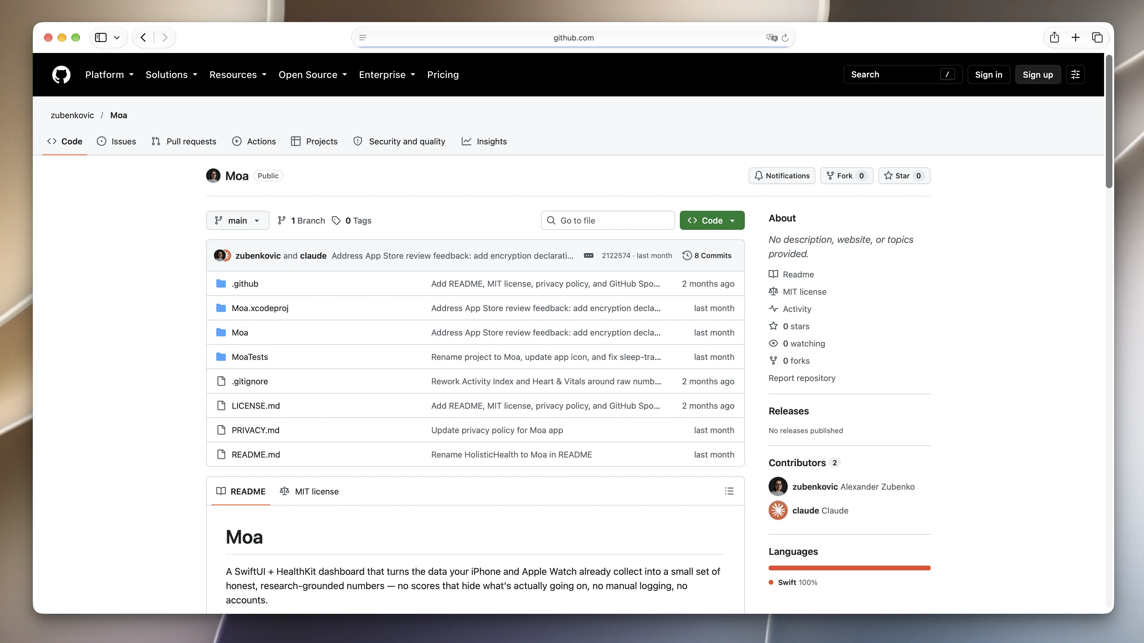 Moa's public GitHub repository page, showing the project files, the MIT licence and the README.