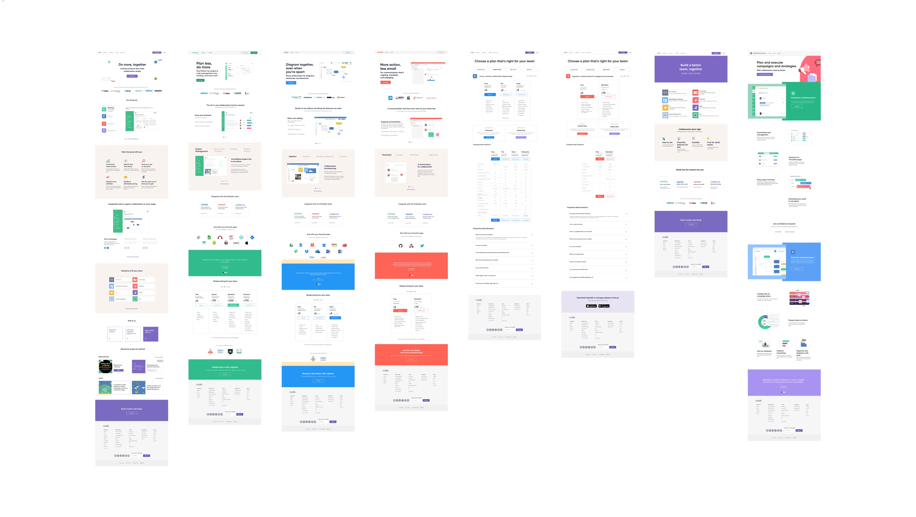 Zoomed-out board of redesigned Nulab web pages arranged in columns, covering product, feature and pricing pages.