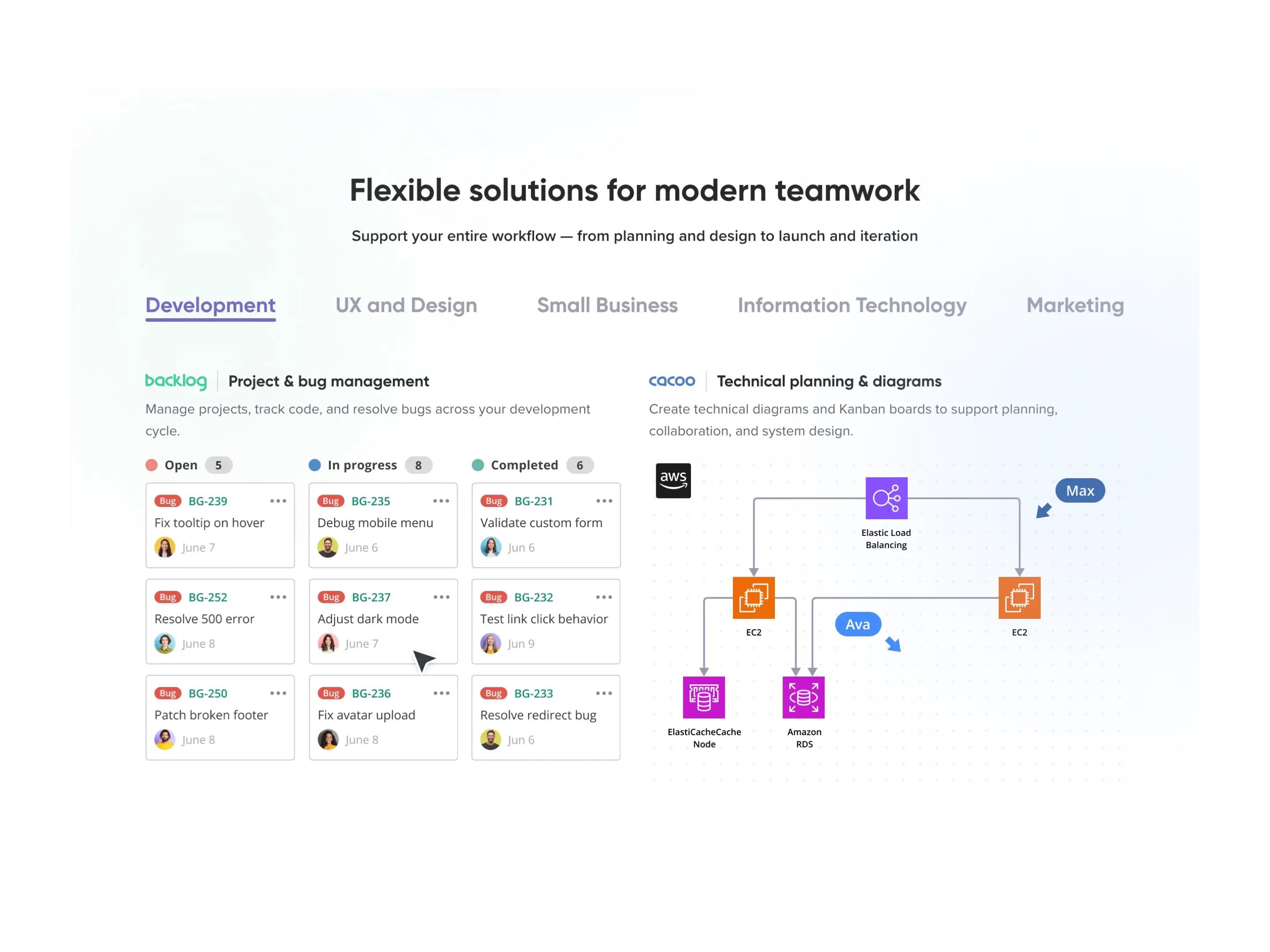 Nulab homepage section “Flexible solutions for modern teamwork” with team-type tabs, a Backlog issue list and a Cacoo technical diagram.
