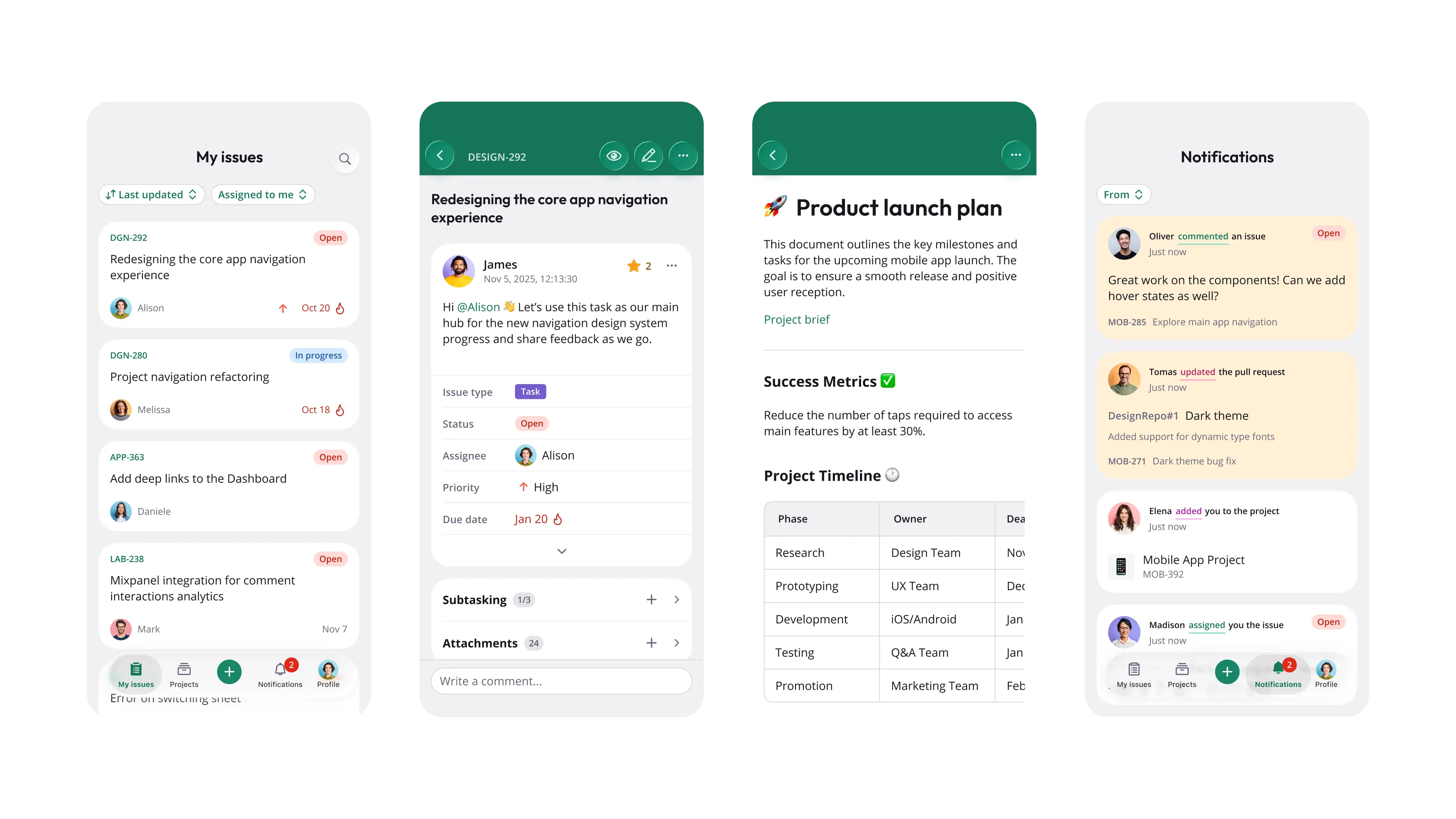 Four Backlog mobile app screens: a list of my issues, an issue with comments, a product launch plan document and a notifications feed.