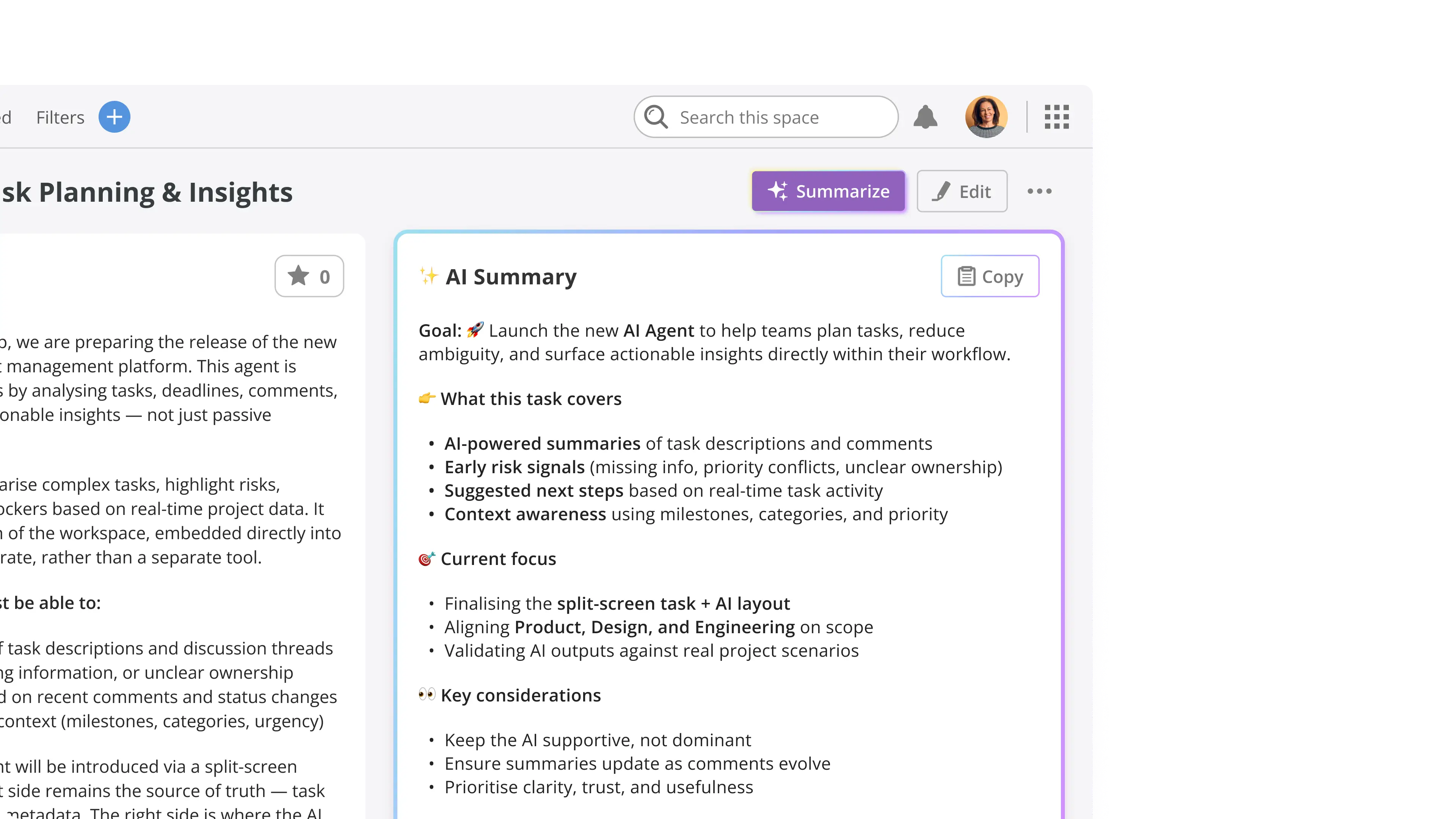Backlog AI Summary panel for a task, listing the goal, what the task covers, the current focus and key considerations.
