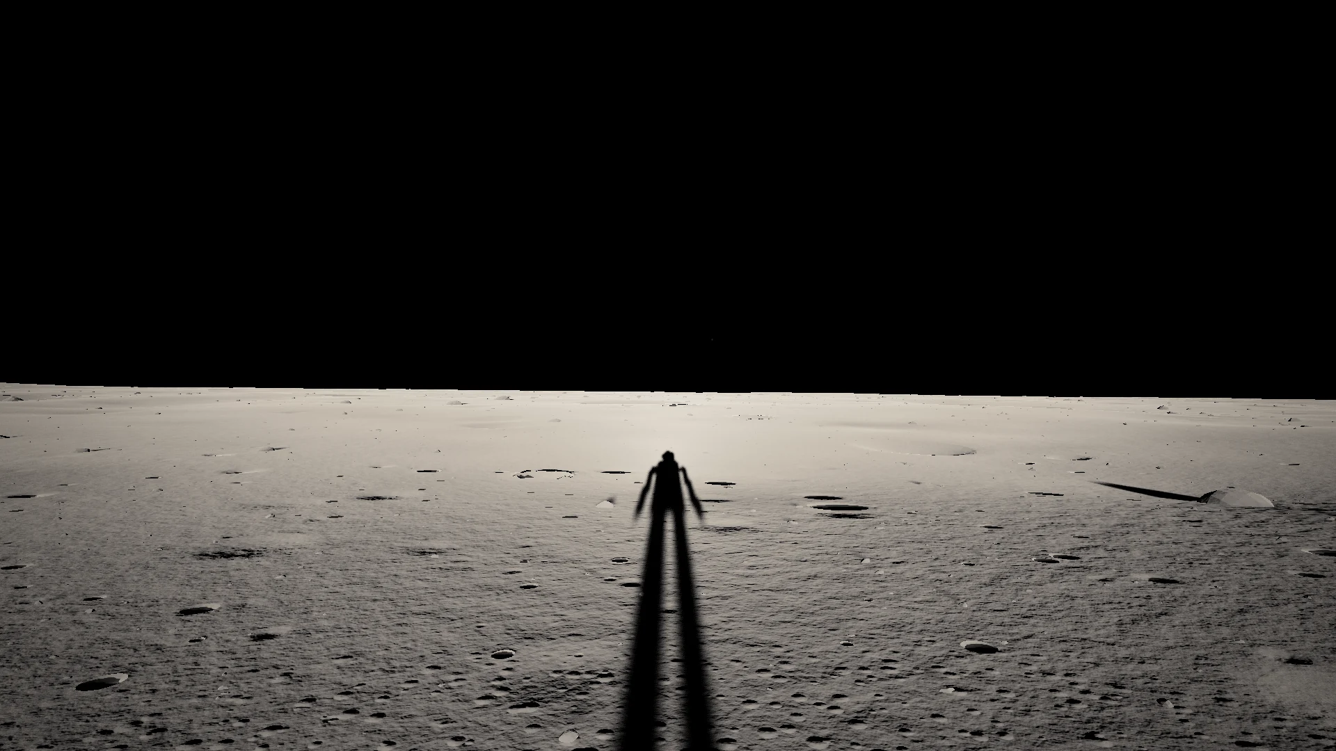 A first-person view at sunrise on the Moon: the astronaut’s long shadow stretches across grey regolith toward a black sky.
