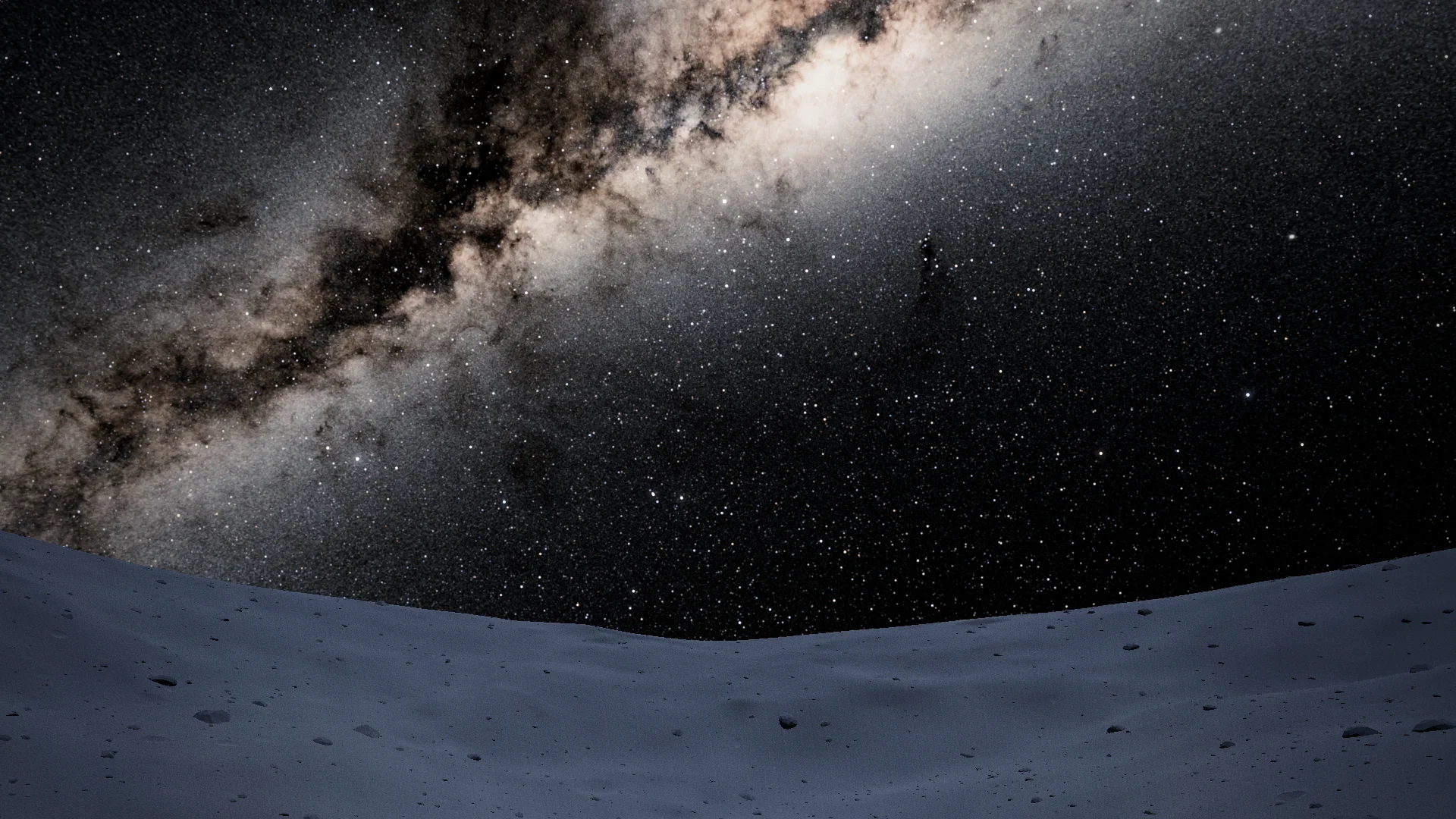 The Milky Way and thousands of stars over a crater floor lit blue-silver by earthshine, seen from inside the shadow of the crater rim.