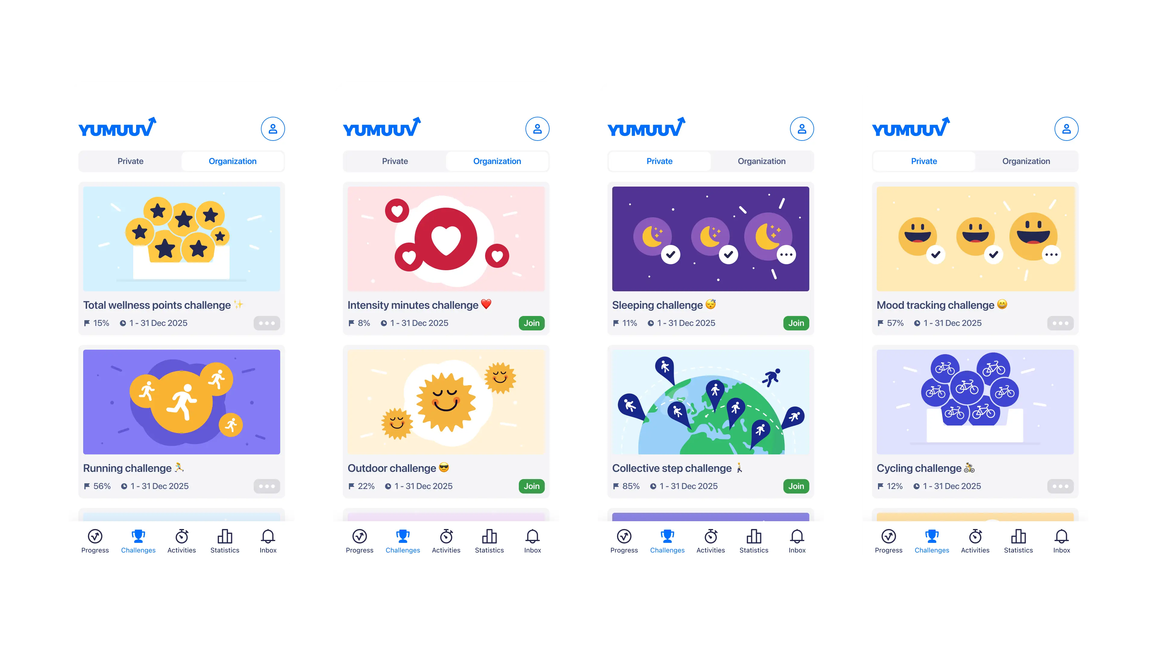 Four YuMuuv challenge screens with illustrated cards for challenges such as wellness points, intensity minutes, sleeping, running, mood tracking and cycling.
