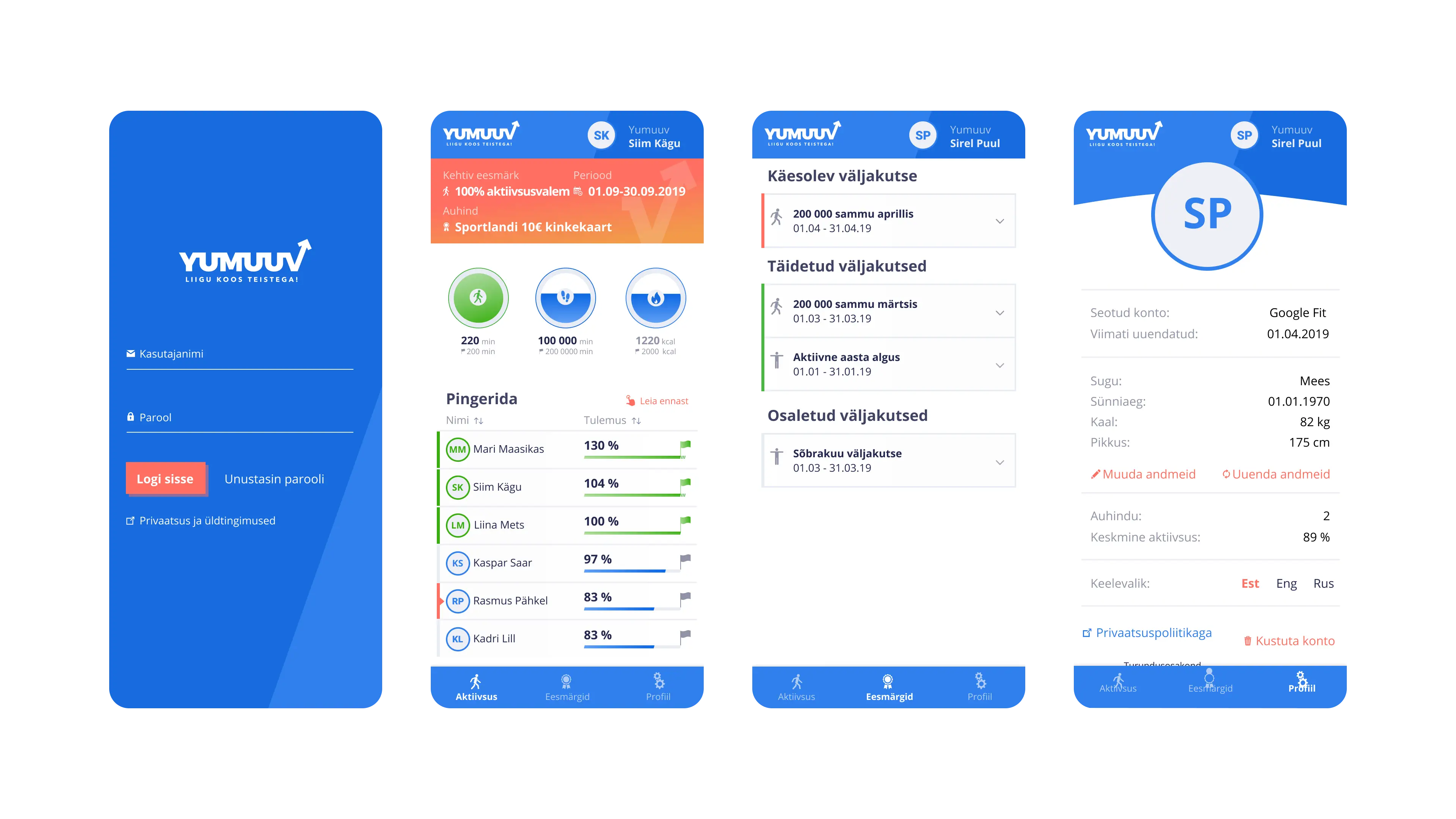 Four screens of the first YuMuuv mobile app: a login screen, a challenge screen with a team leaderboard, a list of current and completed challenges, and a profile page.