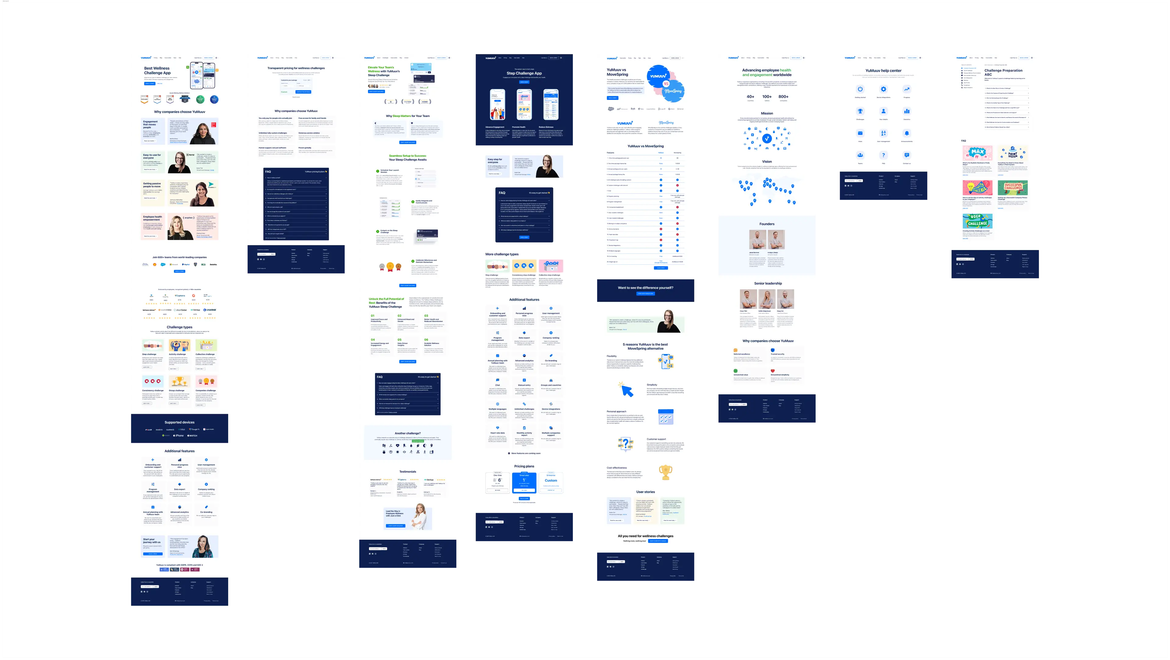 Zoomed-out board of YuMuuv website page designs and app screens laid out together on one canvas.