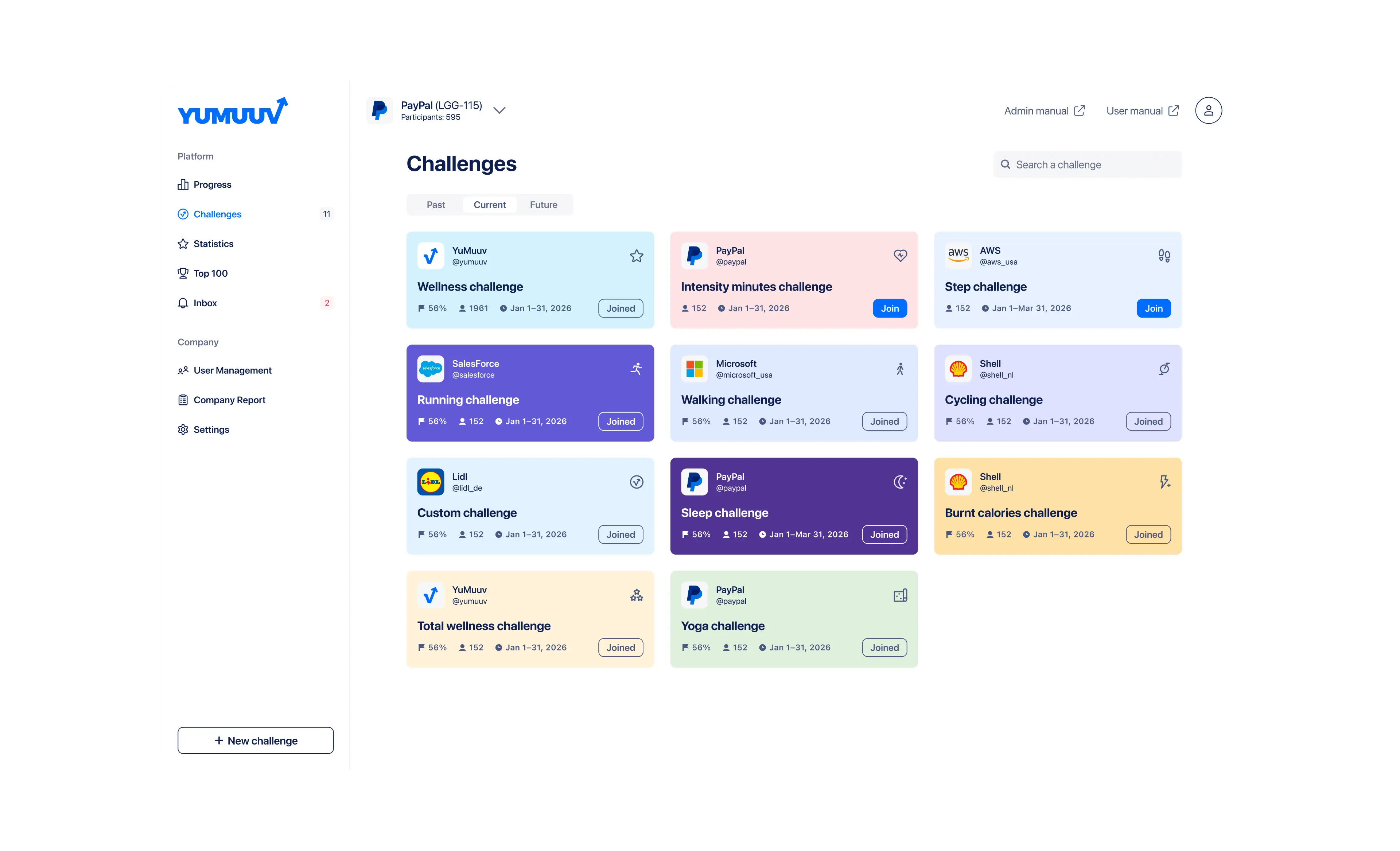 The Challenges page of the redesigned YuMuuv dashboard, showing colour-coded, brand-attributed challenge cards.