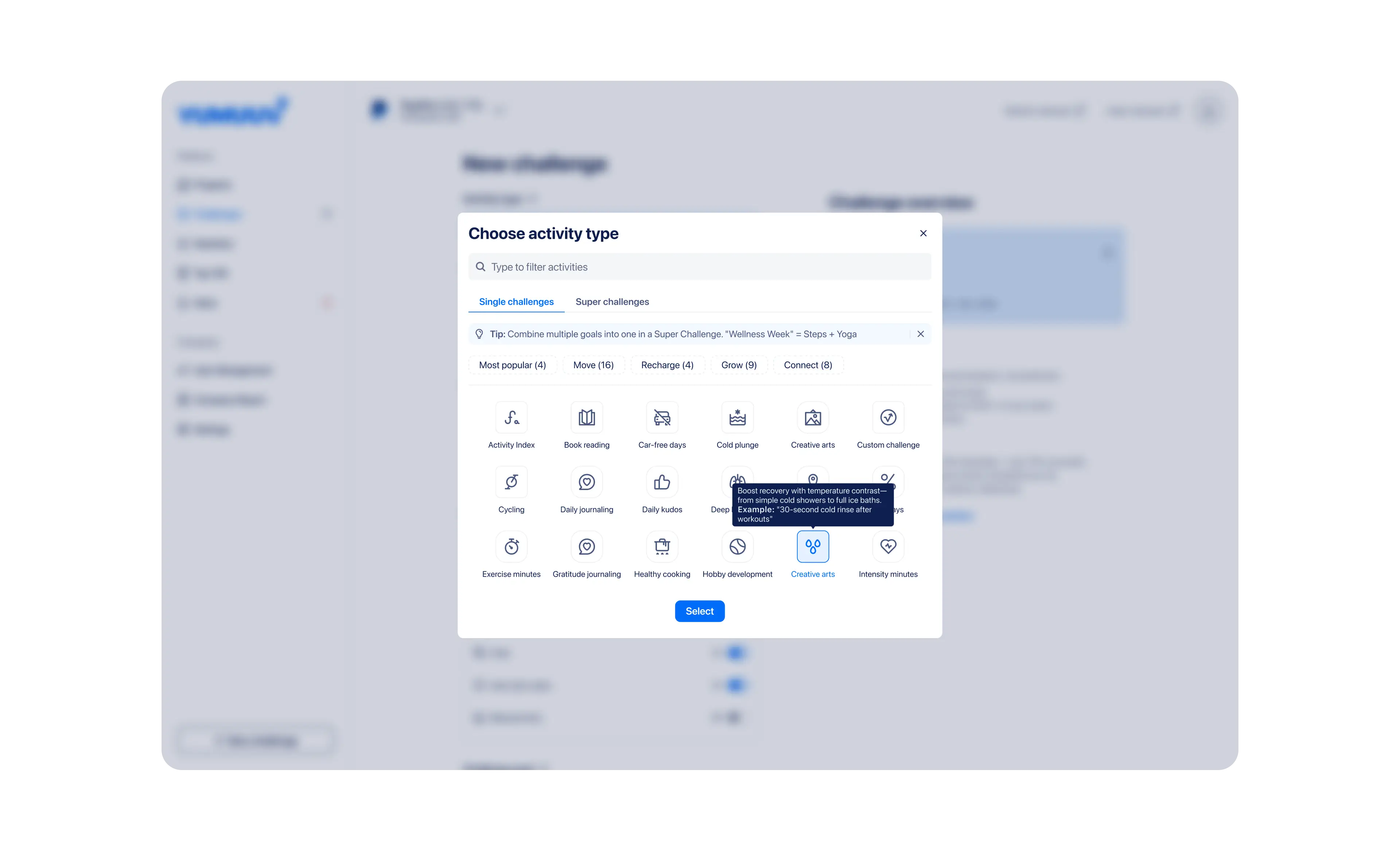 The Choose activity type dialog on the Single challenges tab, showing a grid of activity icons over a blurred new-challenge form.
