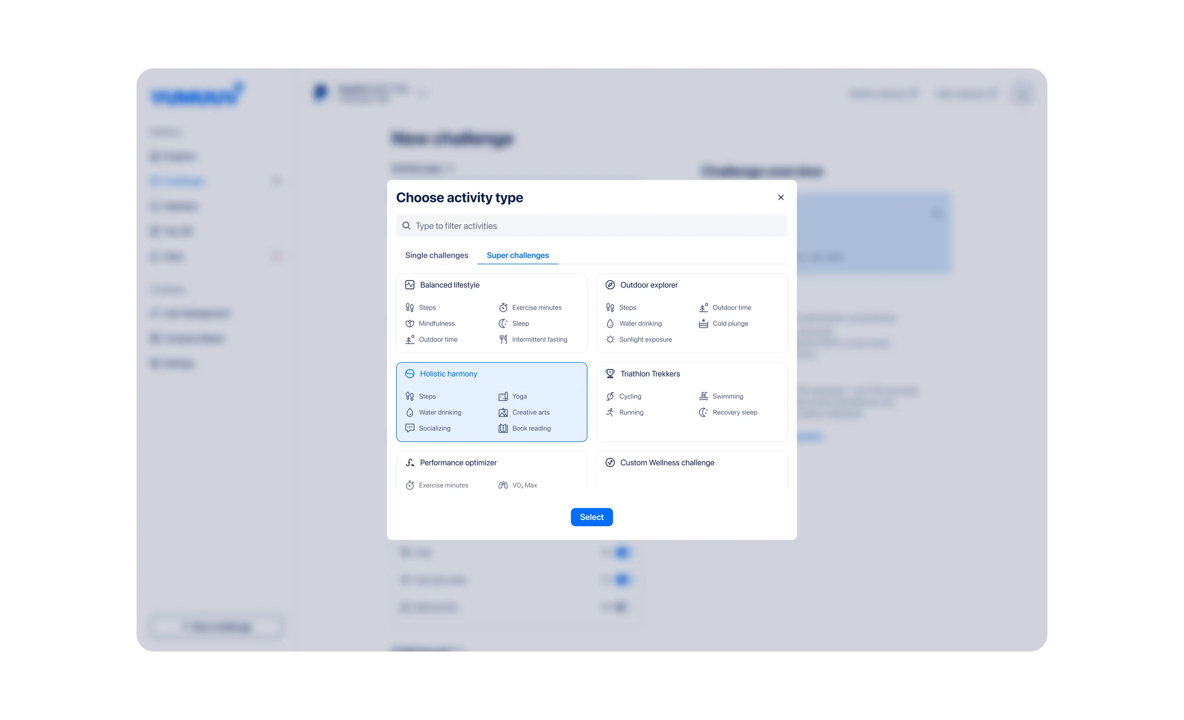 The same dialog on the Super challenges tab, listing grouped activity bundles such as Balanced Module and Outdoor Explorer.
