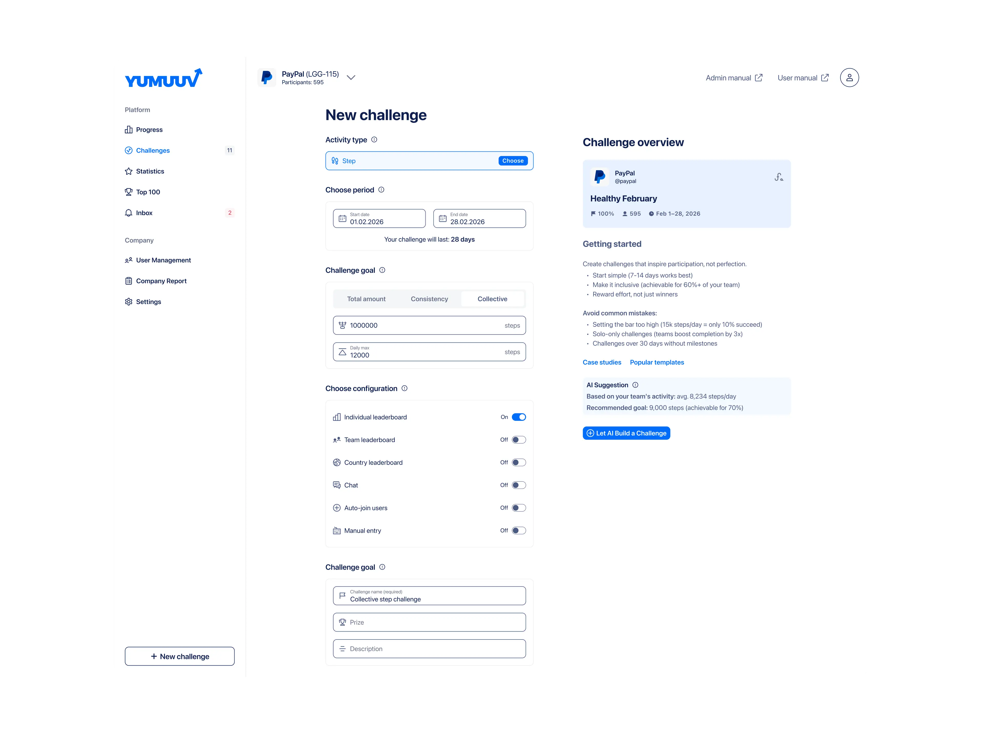 The new challenge form in the YuMuuv dashboard, with activity type, period, goal and configuration options next to a challenge overview preview.